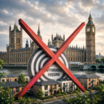 Affordable housing target crossed out in front of Parliament, reflecting the government’s lack of a national target.