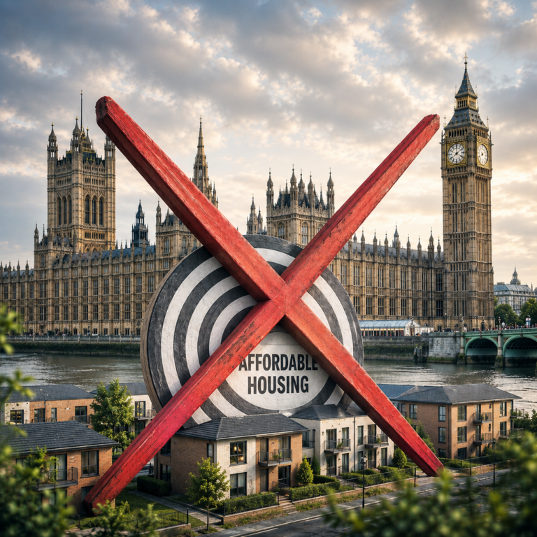 Affordable housing target crossed out in front of Parliament, reflecting the government’s lack of a national target.