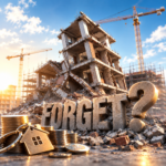 Construction site and collapsed building symbolising pressures on housebuilding and property investment
