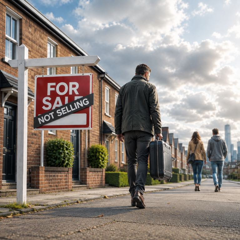 Landlord walking away from rental properties beside a for sale sign marked “Not Selling”