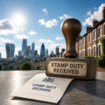 Stamp Duty receipt stamp overlooking London homes and the City skyline