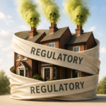 Homes wrapped in regulation as toxic smoke rises, illustrating the growing burden of leasehold responsibility.
