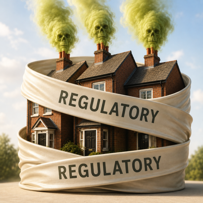 Homes wrapped in regulation as toxic smoke rises, illustrating the growing burden of leasehold responsibility.