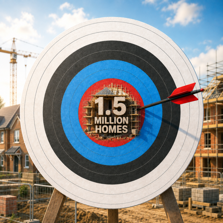 Target showing Labour’s 1.5 million homes goal against a housing construction backdrop