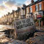 Buy to let mortgage sign sinking into cracked ground outside UK rental homes