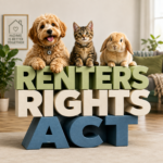 Dog, cat and rabbit represent renters gaining stronger rights to request pets under the Renters’ Rights Act.