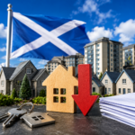Scottish housing with a downward arrow highlighting the decline in social housing stock
