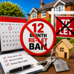 Calendar and crossed-out 12-month re-let sign illustrating Ground 1A restrictions for landlords selling a property.