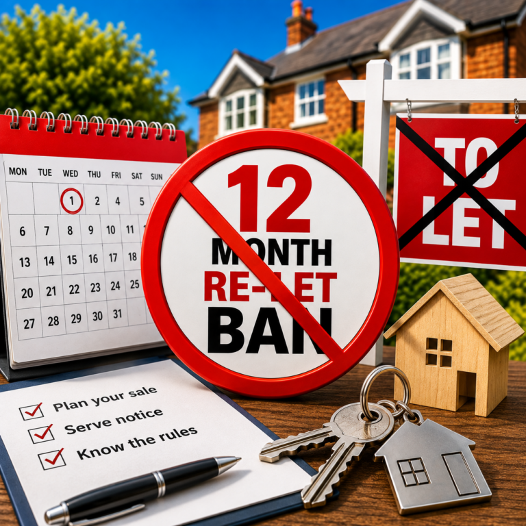 Calendar and crossed-out 12-month re-let sign illustrating Ground 1A restrictions for landlords selling a property.