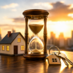 Hourglass beside a rental property and house keys, symbolising the importance of timing a property portfolio sale
