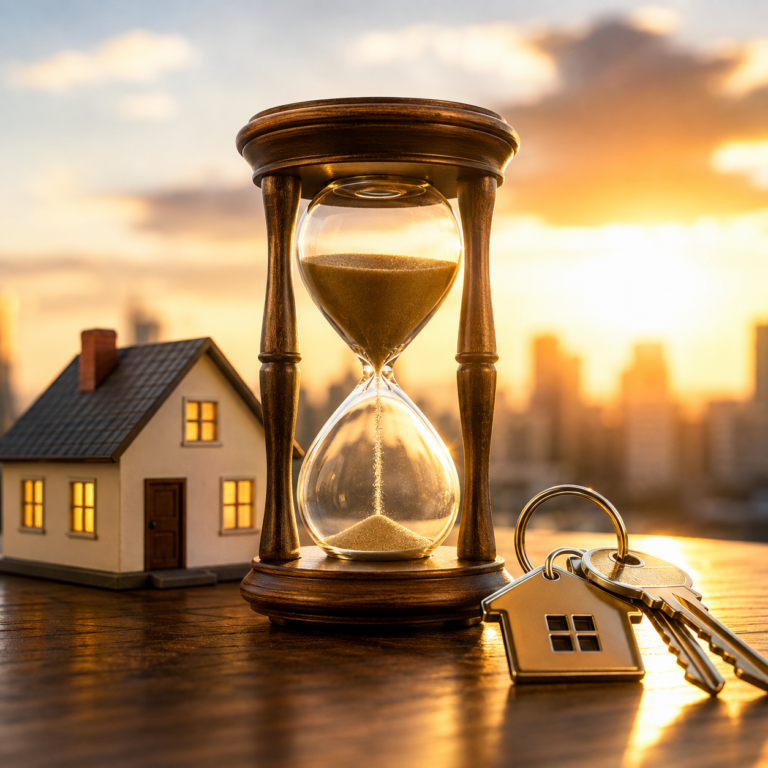 Hourglass beside a rental property and house keys, symbolising the importance of timing a property portfolio sale