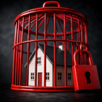 House locked inside a red cage, symbolising families trapped by high rents and temporary accommodation