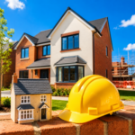New-build UK home with a model house and hard hat illustrating rising property prices