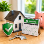 Model house, rent-paid calendar and shield illustrating record-low rental arrears and landlord confidence
