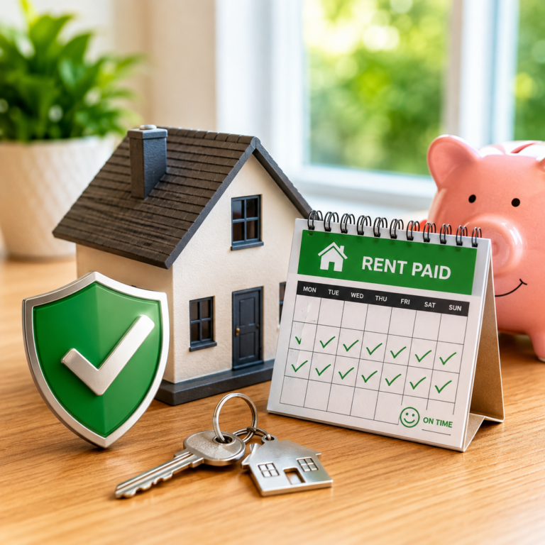 Model house, rent-paid calendar and shield illustrating record-low rental arrears and landlord confidence