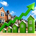 Rising green houses and arrow illustrating growth in UK rental property listings