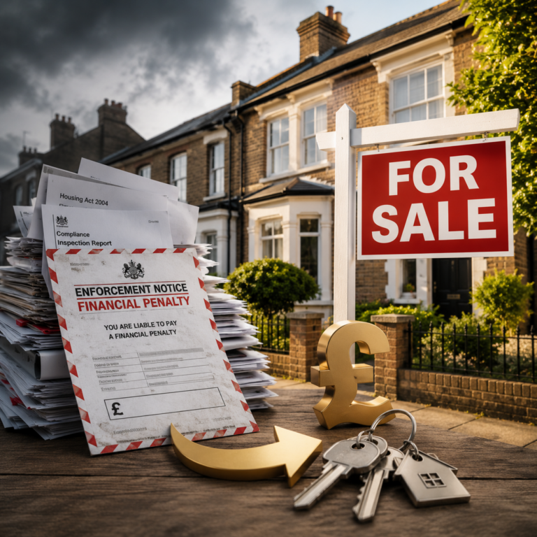 UK rental property for sale with landlord enforcement notices, financial penalties, house keys and a pound sign representing the growing costs and risks facing landlords.