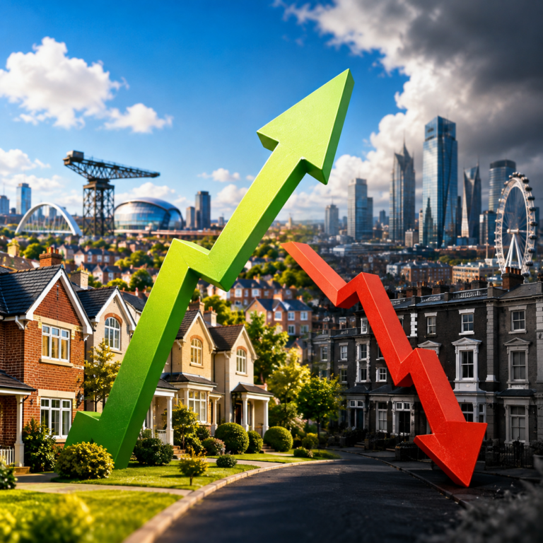 Green upward and red downward arrows illustrate contrasting house price trends in UK commuter towns.