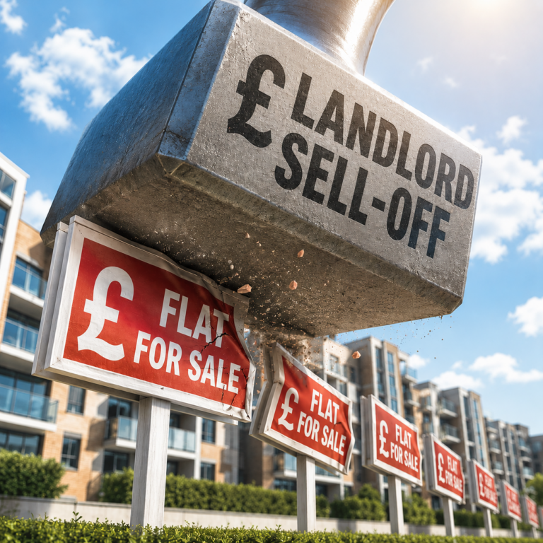Landlord sell-off sign above flats for sale as investors exit the buy-to-let market