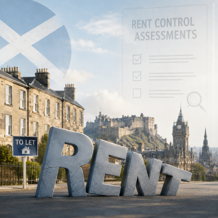 Scottish rental market and rent control assessments illustrated against Edinburgh’s skyline