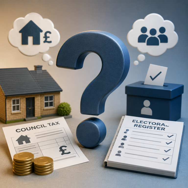 Council Tax bill, electoral register and ballot box illustrating questions about running a flat as a short-term let