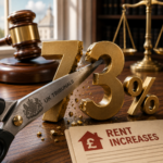 Scissors marked UK Tribunals cut a 73% rent increase beside a judge’s gavel and scales