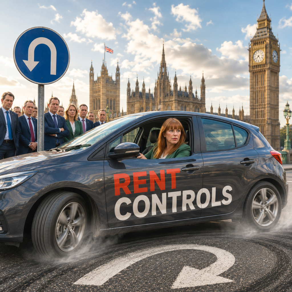 Car marked “Rent Controls” makes a U-turn outside Parliament as MPs urge a rethink on rent controls in England.
