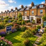 Terraced UK rental homes with well-kept gardens and To Let signs