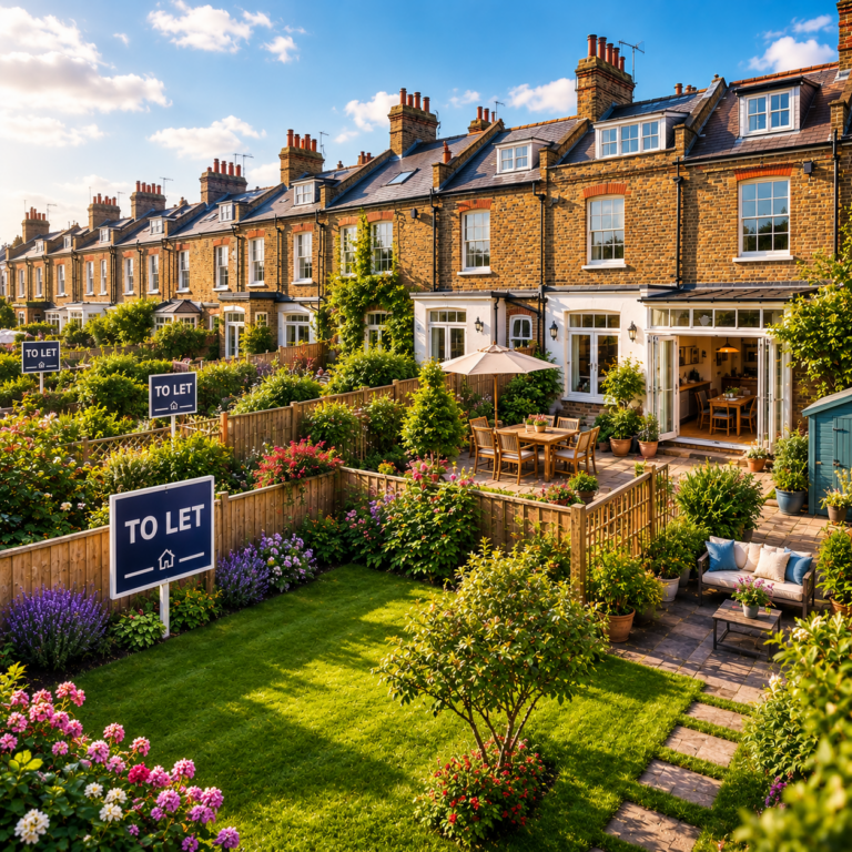 Terraced UK rental homes with well-kept gardens and To Let signs