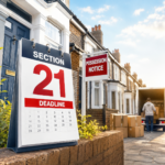 Calendar showing the Section 21 deadline outside a rental property with a possession notice and removal van.