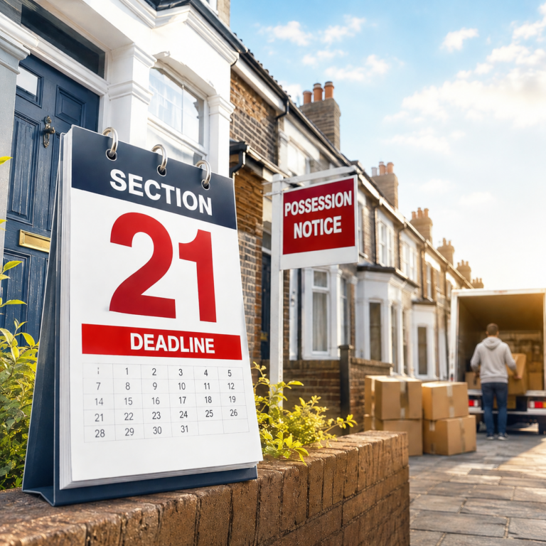 Calendar showing the Section 21 deadline outside a rental property with a possession notice and removal van.