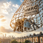 HMRC penalties sign attached to a net holding house keys, illustrating tougher tax penalties for landlords making self-assessment errors.