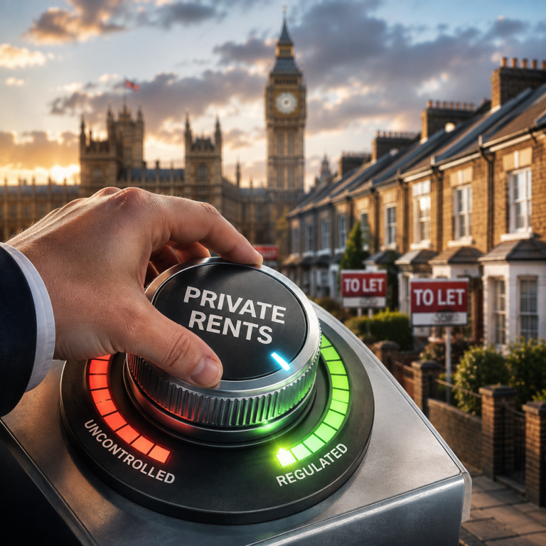 Illustration of UK private rent regulation with Parliament, rental homes and a control dial symbolising stronger housing market intervention.