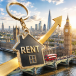 UK rental market keyring with upward arrow over the London skyline, illustrating rising average rents in July.