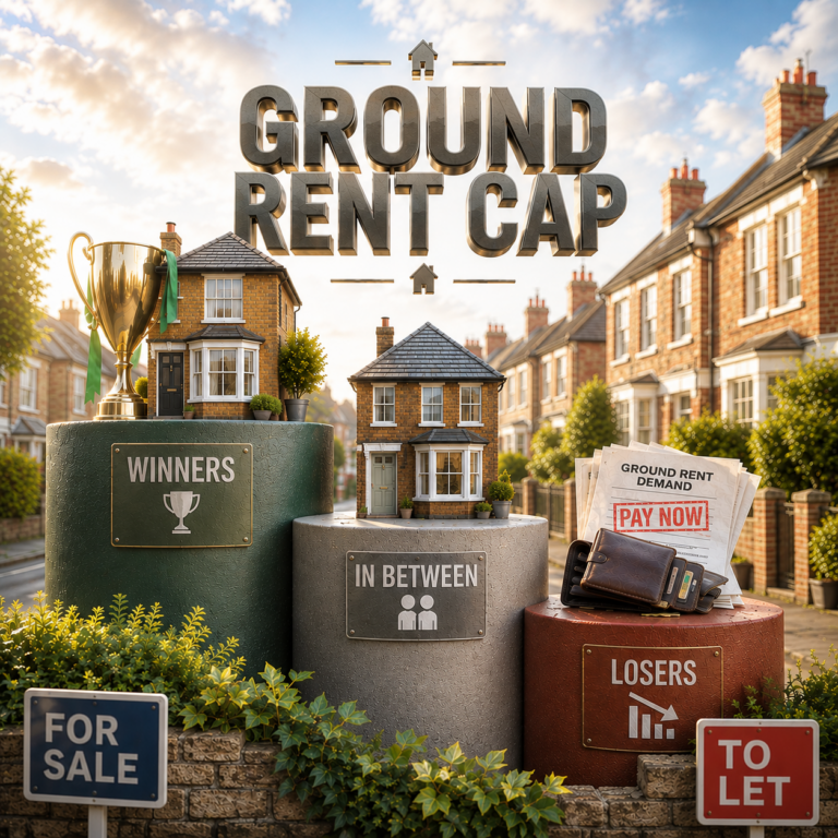 Winners and losers podium illustrating the impact of the proposed UK ground rent cap on leaseholders and freeholders.