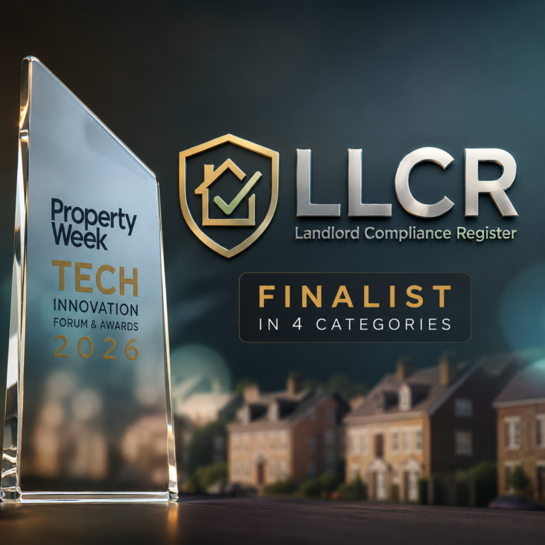 Property Week Tech Innovation Forum & Awards 2026 trophy alongside LLCR branding celebrating finalist status in four categories.