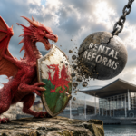 Red dragon with a Welsh flag shield smashing a wrecking ball labelled rental reforms, symbolising opposition to Welsh rent controls.