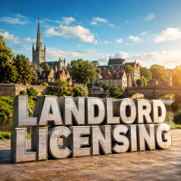 Landmark Licensing text over Norwich skyline illustrating proposed landlord licensing for smaller HMOs and rented homes.