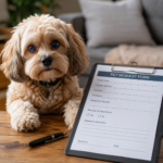 Tenant pet request form beside a small dog, illustrating new Renters' Rights Act pet permission rules for renters.