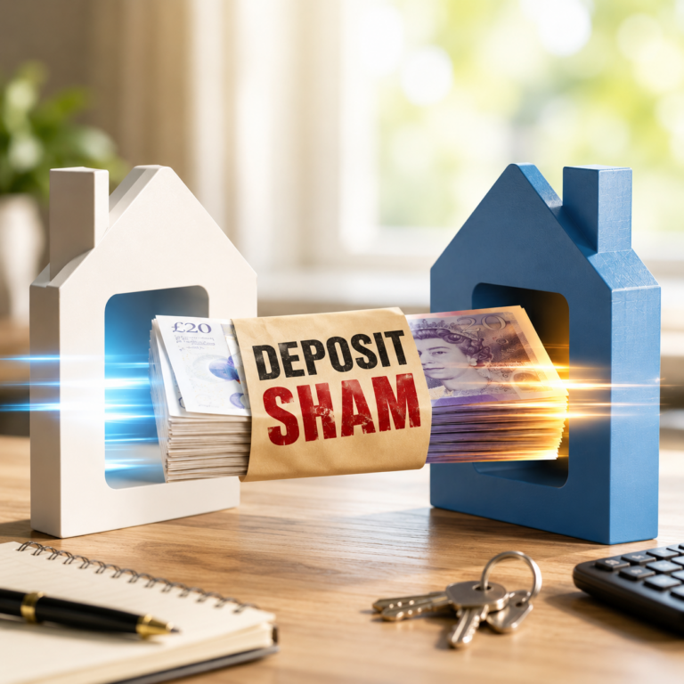 Tenancy deposit labelled “Deposit Scam” passing between two house models, illustrating a landlord’s dispute over deposit transfer rules.