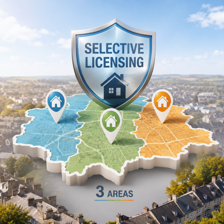 Selective licensing map highlighting three proposed Burnley neighbourhood licensing areas for private rented housing.