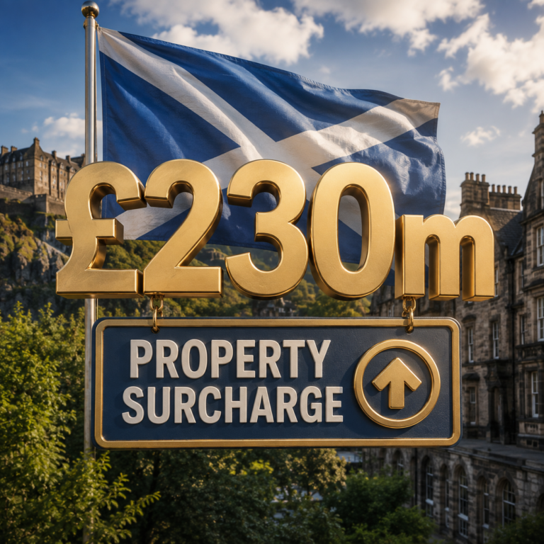 Scotland property surcharge graphic showing £230m Additional Dwelling Supplement revenue with Scottish flag backdrop.