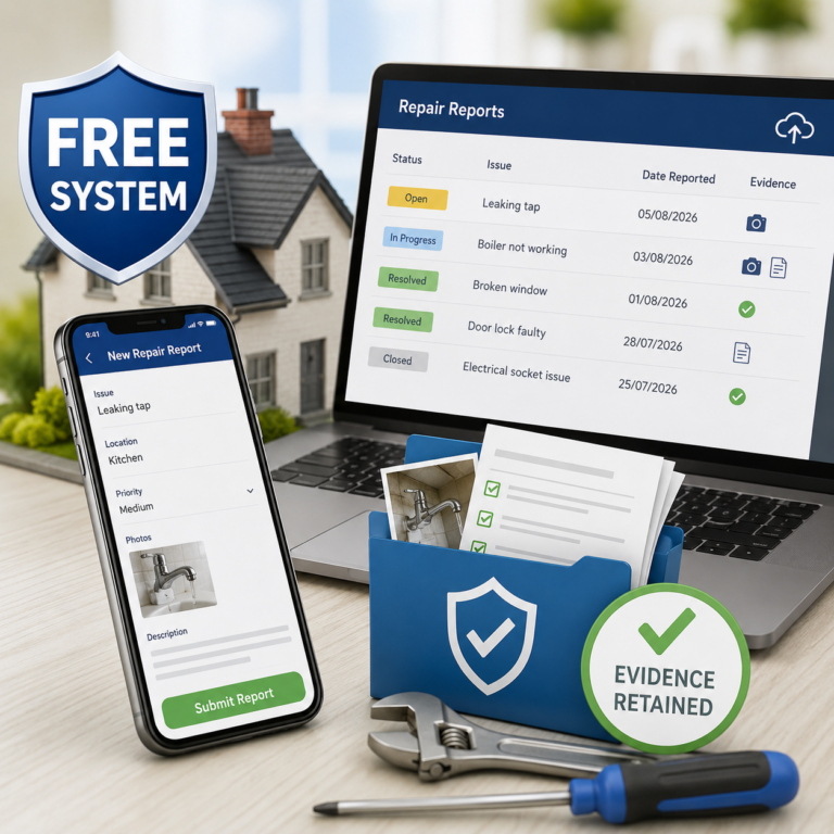 Free landlord repair reporting system showing digital maintenance logs, tenant reports and evidence tracking for rental properties.