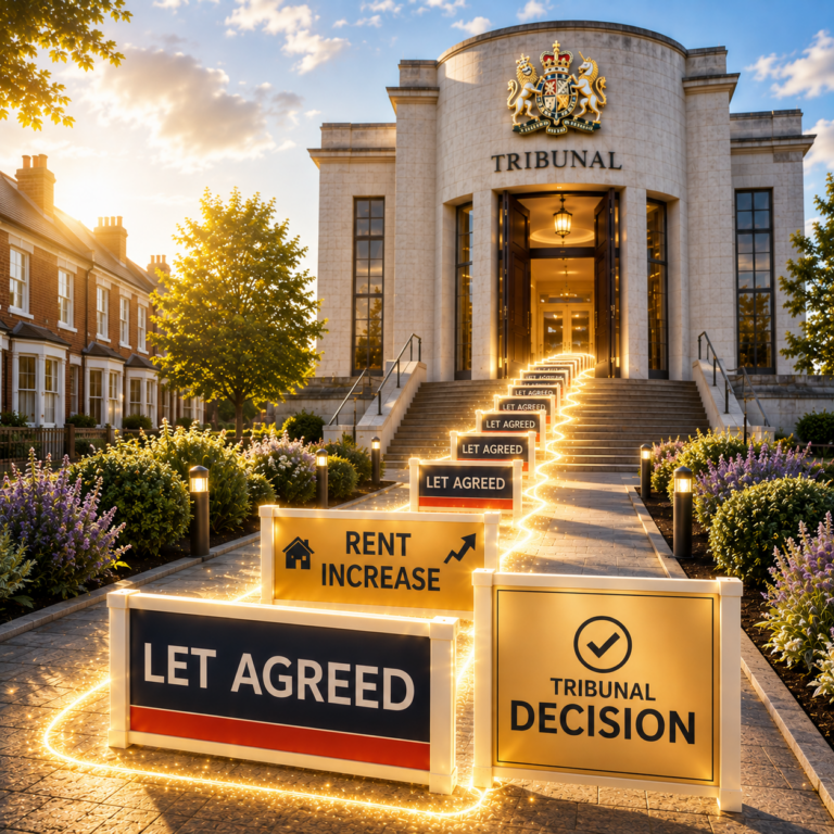 Tribunal building with rent increase and let agreed signs illustrating evidence of achieved rents supporting a Section 13 case.