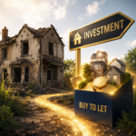 Dilapidated property beside a buy-to-let investment sign illustrating renovation opportunities for landlords
