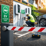 Electric vehicle charging points being installed at a residential property, highlighting home charging challenges for renters.