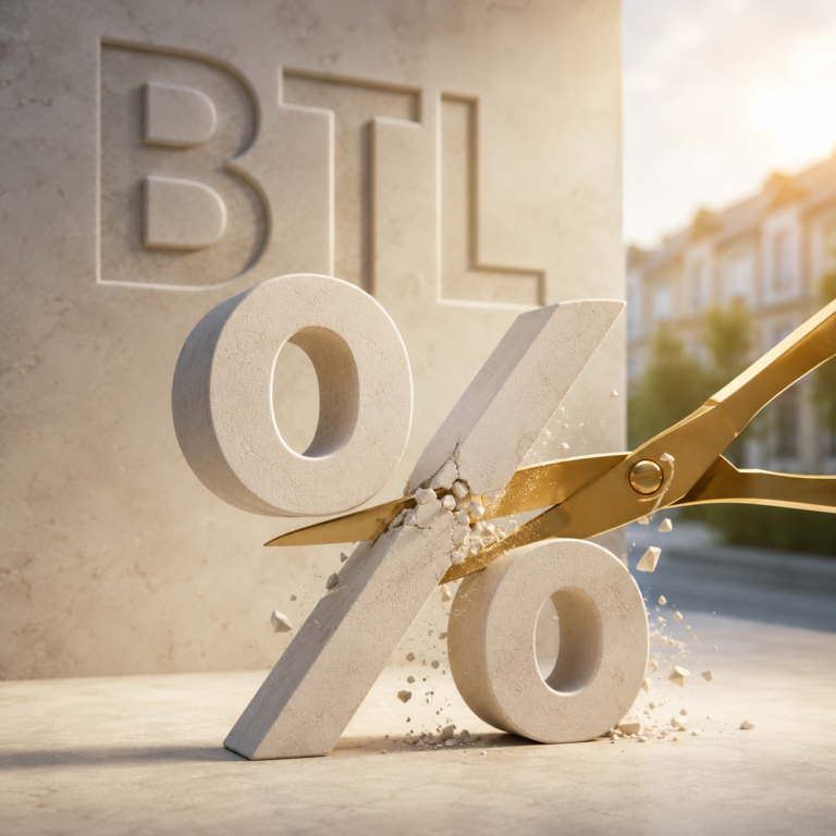 Scissors cut a percentage symbol as buy-to-let lenders reduce mortgage rates and expand higher LTV finance.