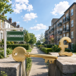 Golden key and pound symbol beside flats, representing commonhold and leasehold reform