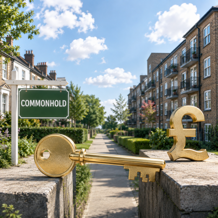 Golden key and pound symbol beside flats, representing commonhold and leasehold reform
