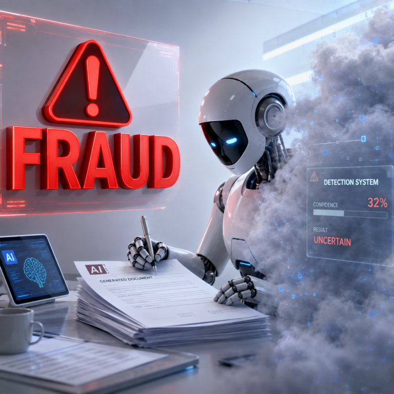 AI robot reviewing generated documents as fraud detection systems flag possible tenancy fraud